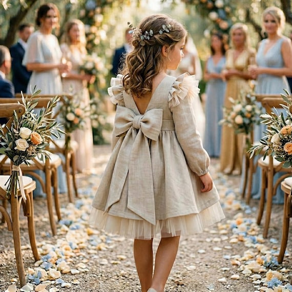 Beige Linen & Tulle Baby Girl Dress, Rustic Boho Ceremony Outfit, Long Sleeve Neutral Flower Girl Dress, Baptism Option