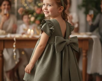 Flower girl dress sage green, Baby girl dress toddler, Boho flower girl dress baby, Baby girl dress wedding linen.