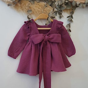 Maroon baby girl dress, girls long sleeve muslin dress girls, rustic flower girl dress, toddler clothes, dress matching baby diaper cover..