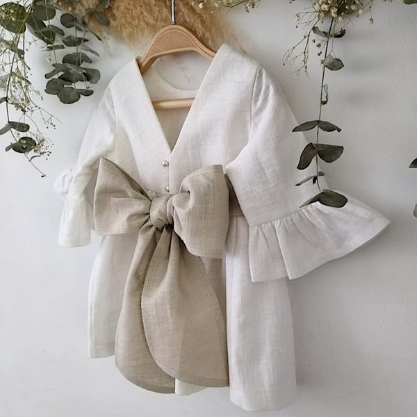 Robe de fille de fleur blanche, Tenue de mariage pour tout-petit, Robes spéciales fille, Robe de fille de fleur en lin (Oeko-Tex).