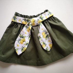 Short skirt for girl, Baby Girl's green skirt, cotton skirt with bow, elastic waist skirt with a nice lemon print and moss green bow girls image 6