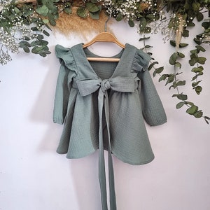 Baby girl dress 1st birthday green, green gauze dress with bishop sleeves, girls muslin dress with ruffles, dress girl spring boho. image 7