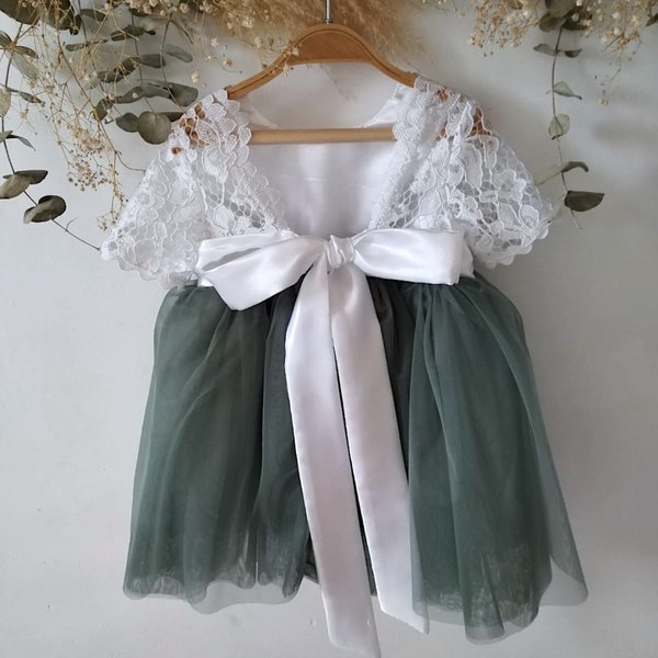 Bohemian Flower Girl Dress, Ivory Lace flower girl dresses, Tulle flower girl dress, sage green flower girl dress, baby girl dress white.