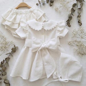 White baby dress, Christening dress baby girl, bridesmaid dress with peter pan collar, Dress Wedding baby girl linen, Baby white dress. Dress+bloomer+Bonnet