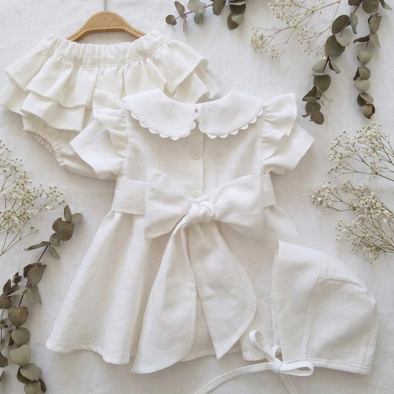 White baby dress, Christening dress baby girl, bridesmaid dress with peter pan collar, Dress Wedding baby girl linen, Baby white dress. Dress+bloomer+Bonnet