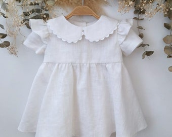 White baby dress, Christening dress baby girl, bridesmaid dress with peter pan collar, Dress Wedding baby girl linen, Baby white dress.