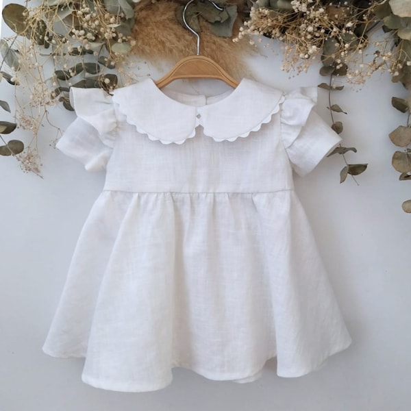 Weißes Babykleid, Taufkleid Baby Mädchen, Brautjungfernkleid mit Peter-Pan-Kragen, Kleid Hochzeit Baby Mädchen Leinen, Baby weißes Kleid.