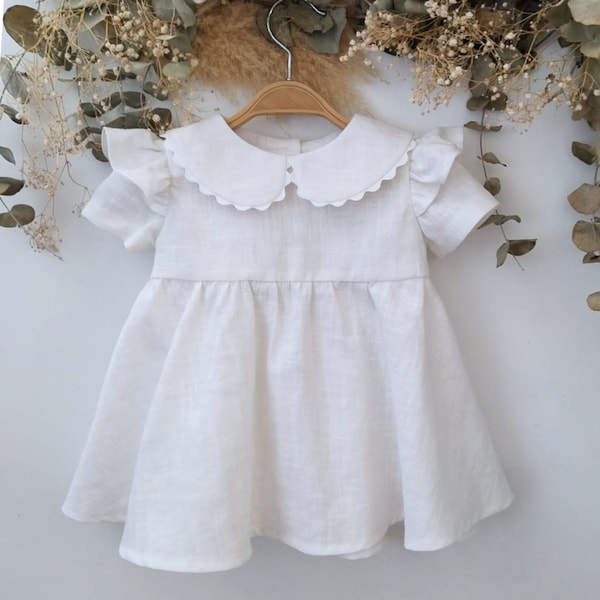 White baby dress, Christening dress baby girl, bridesmaid dress with peter pan collar, Dress Wedding baby girl linen, Baby white dress.