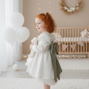 White Baby Girl Dress, Long Sleeve, Moss Green Bow, Tulle Underskirt, Baptism or Wedding Outfit.