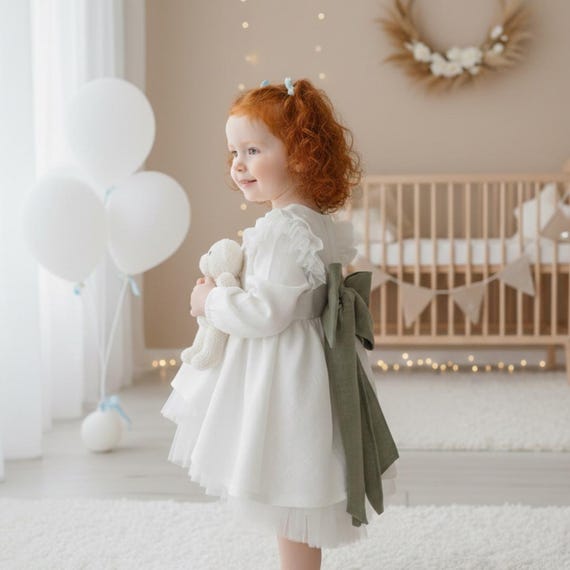 long sleeve baby dress for wedding White Flower Girl Dress: Organza, Long Puffy Sleeves, Baby Toddler Tutu - Baptism, Christening, Pageant