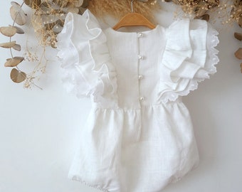 White linen baptism romper, Bubble romper baby girl, Romper christening baptism linen boho, Baby wedding romper,Cake smash boho outfit.