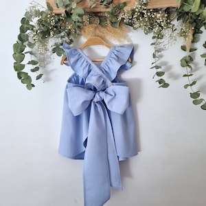 Light Blue boho flower girl dress, birthday toddler dress boho, Baptism dress toddler, Girls linen dress.