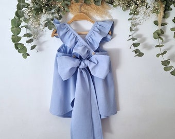 Robe de fille de fleur boho bleu clair, boho de robe d'enfant en bas âge d'anniversaire, enfant en bas âge de robe de baptême, robe de lin de filles.