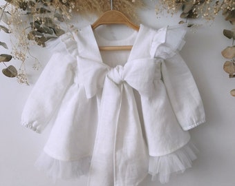 Robes de fille de fleur à manches longues, robe de demoiselle d’honneur bébé blanc, robe en lin fille rustique, robe de mariage bébé fille en lin.