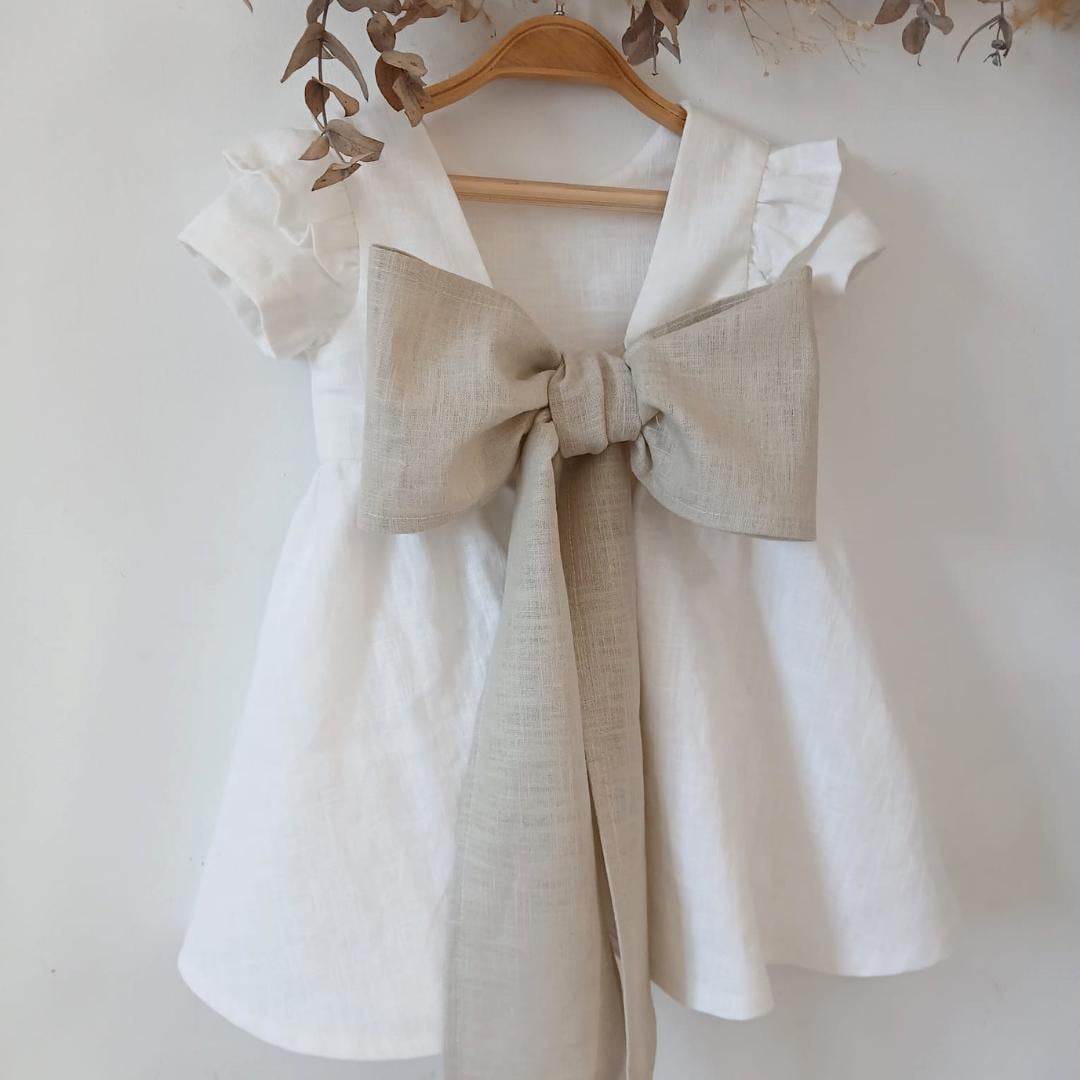 White linen baptism dress, bubble dress baby girl, natural bow option, baby christening outfit, boho style.