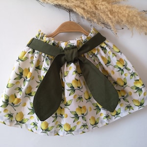 Short skirt for girl, Baby Girl's green skirt, cotton skirt with bow, elastic waist skirt with a nice lemon print and moss green bow girls image 4