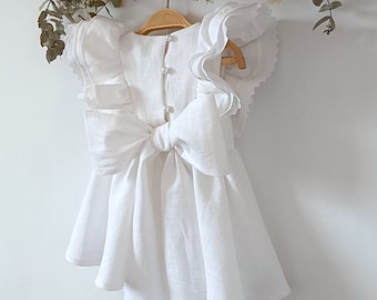 Robe de baptême en lin blanc, robe Bubble bébé fille, robe baptême baptême lin boho, Baby wedding romper, Cake smash boho tenue.