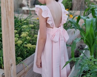 Robe rose bébé de demoiselle d'honneur, robe bohème pour petites filles, robe bébé rose poudré, robe fleurie bébé fille gaze, robe d'été rustique pour tout-petits.