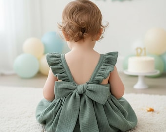 Organic muslin baby girl dress, cotton muslin boho dress for toddler, breathable spring baby outfit, mint green muslin dress.