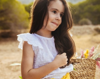 camicetta bianca per ragazze, camicetta senza maniche per ragazze, camicetta di cotone per bambine, camicetta di popeline di cotone, camicetta a pois di cotone bianco.