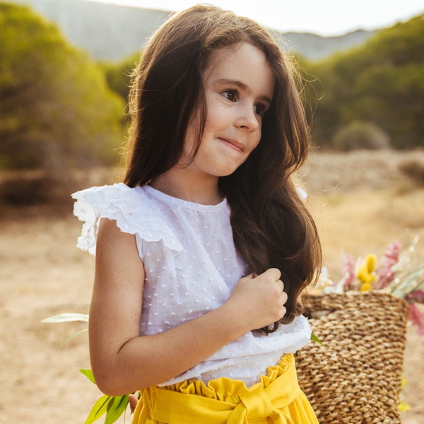 chemisier blanc pour filles, chemisier sans manches pour filles, chemisier en coton pour tout-petits, chemisier en popeline de coton, chemisier à pois en coton blanc.