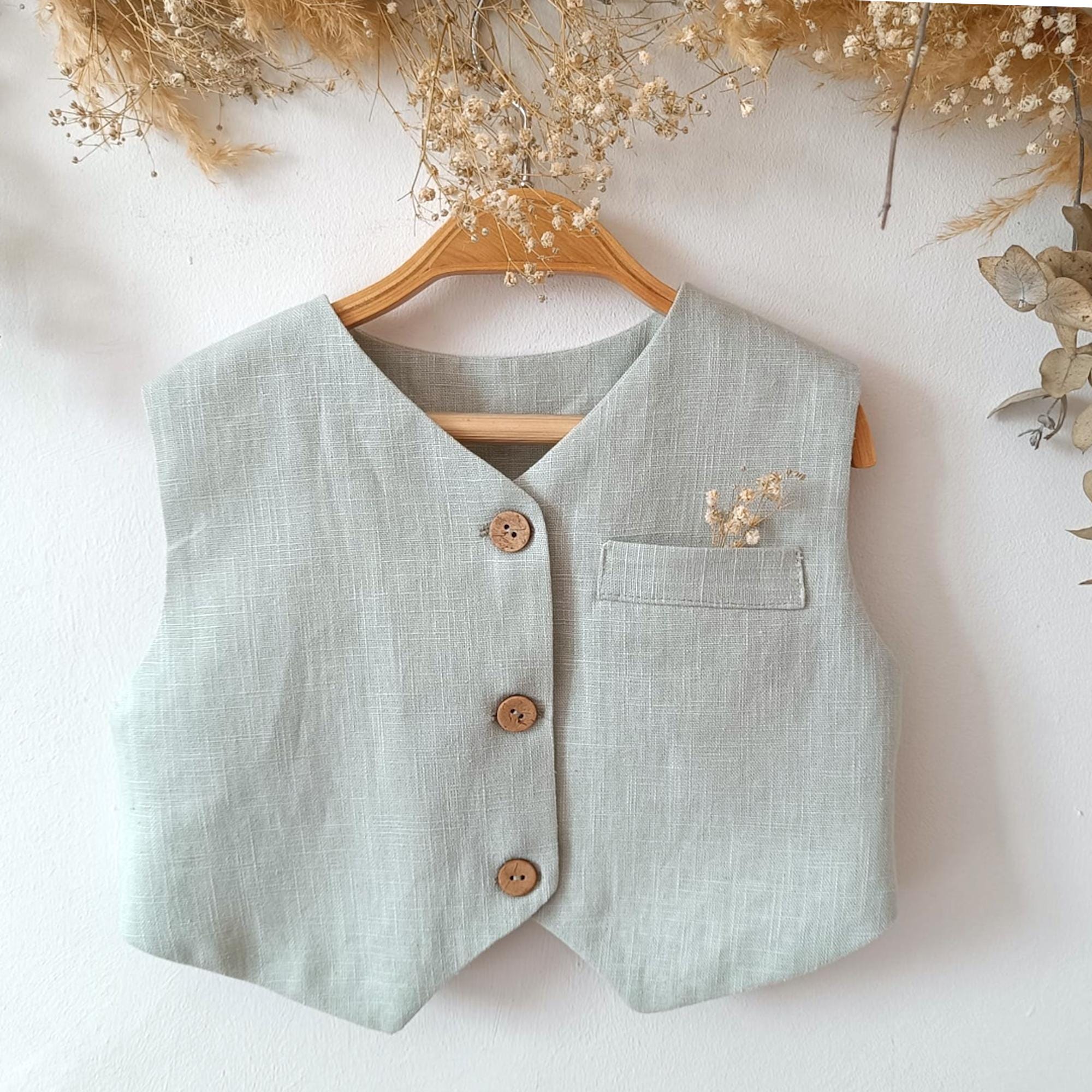 Newborn linen vest, boys white vest, mint green, blue, or custom color. Perfect for ring bearers, christenings, and special occasions.