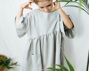 Robe d’été en lin avec poches pour les filles, Robe d’été en lin pour filles, Robe d’été large pour fille, robe d’été perle Robe à manches courtes fille.