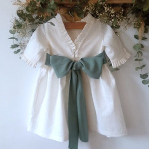 Flower girl dress Ivory, Sage dress, Baby linen Dress, baby wedding dress, baptism dress baby, first birthday, white sundress.