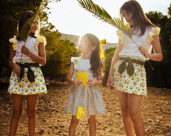 Short skirt for girl, Baby Girl's green skirt, cotton skirt with bow, elastic waist skirt with a nice lemon print and moss green bow girls