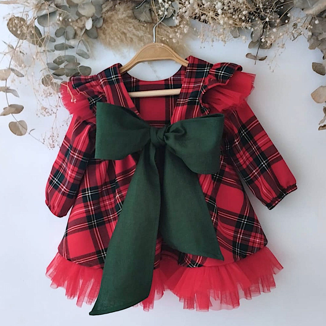 Baby Christmas Dress, Tartan Dress Red Baby, Baby Girl Christmas Dress, Baby Girls Plaid Long