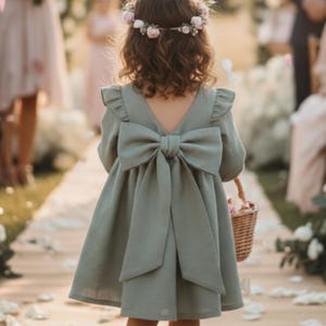 Moss Green Long Sleeve Linen Flower Girl Dress, Forest Green Rustic Wedding Outfit for Toddler Girl, Handmade Woodland Special Occasion.