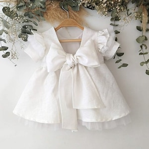 Baptism dress for baby girl, baby dress tulle boho, flower girl dress tulle with bow.