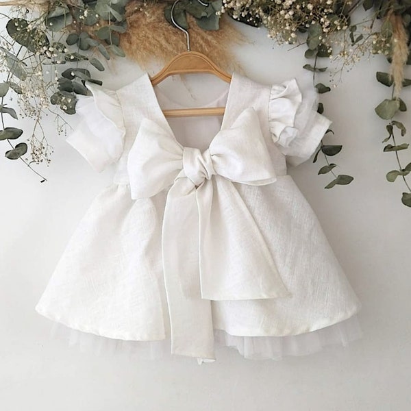 Baptism dress for baby girl, baby dress tulle boho, flower girl dress tulle with bow.