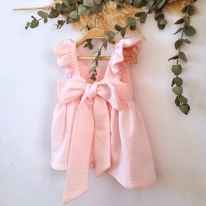 Outfit spring dress pink, organic muslin dress, pink pinafore baby girls, pink ruffled summer dress baby girl, girls cotton dress muslin.