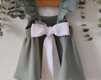 Baby Flower Girl Dress, Birthday Dress, Sage green boho girl dress, ruffled muslin dress baby.
