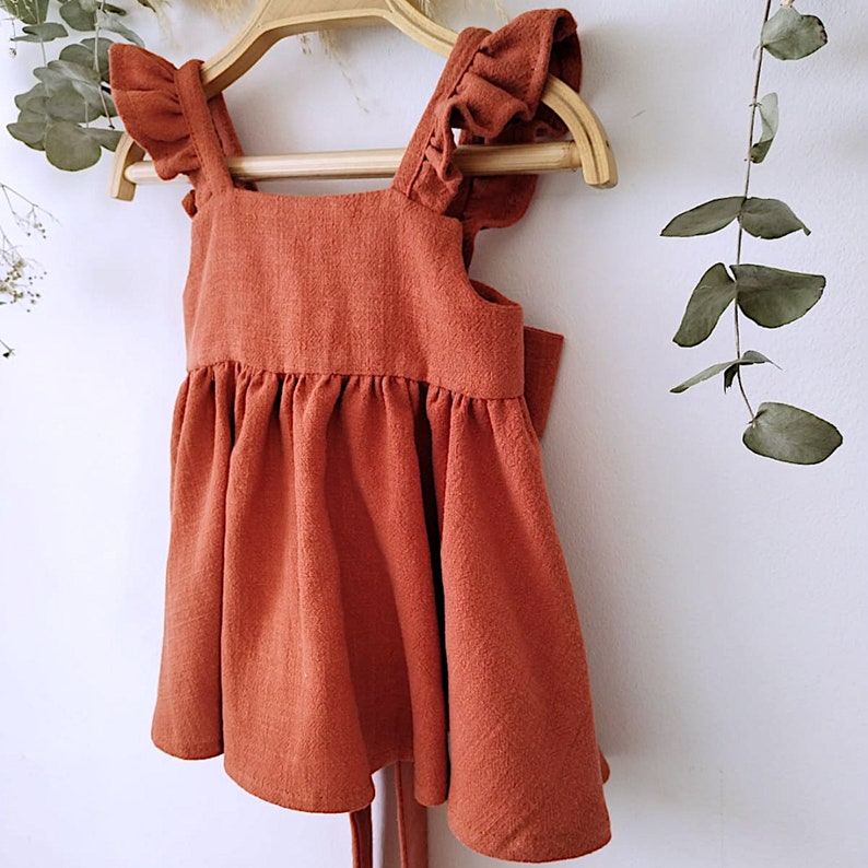 Terracotta girl dress, rustic linen dress girl, Boho Photography Dress, rust dress for girl, boho dress girl, summer dress girl. image 4