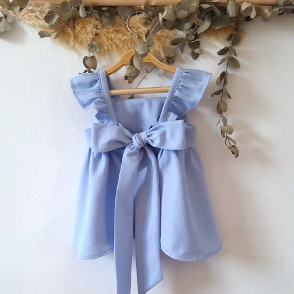 Flower girl dress linen blue, baby girl special occasion dress, Blue dress for baby girl boho, clothes for new born baby girls.