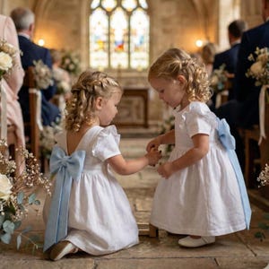 Puede incluir: Dos niñas pequeñas con vestidos blancos y lazos celestes en la espalda. Se toman de la mano en una iglesia, con una vidriera en el fondo. Los vestidos tienen mangas cortas y un diseño sencillo.