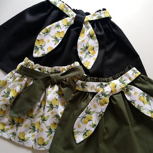 Kids yellow skirt, elastic waist skirt, cotton skirt with lemon print, moss green bow skirt, perfect skirt for summer, short skirt for girls image 4