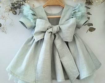 Dress green mint baby, Linen dress girl rustic, Spring girls boho dress, Dress Wedding baby girl, Mint Green Flower Girl Dress.