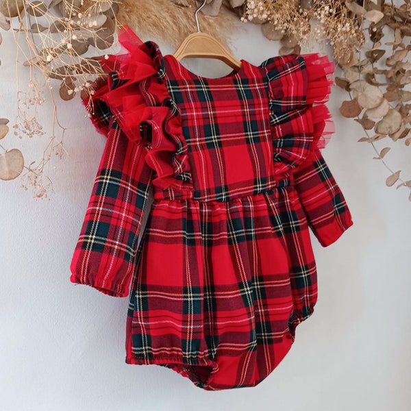 Baby christmas dress, Baby girl long sleeve dress, Baby tartan plaid Bubble romper, My 1st Christmas Photo outfit, Holiday dress.