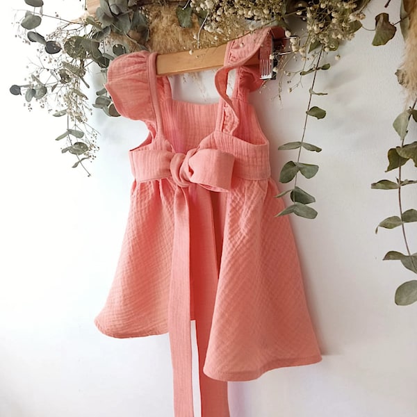 Peach Ruffle Dress, rustic flower girl dress, baby girl dress coral, pink dress baby, girl boho dress baby, summer dress baby girl party..