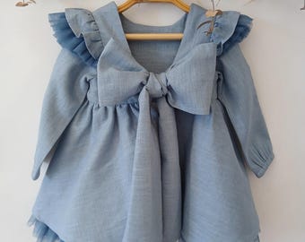 Blue linen dress with tulle accents, long and short sleeve options, perfect for weddings and special events, baby dress tulle blue.