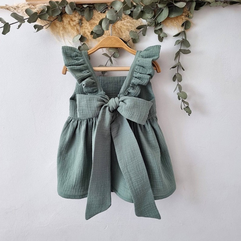 Baby girl dress 1st birthday green, green gauze dress with bishop sleeves, girls muslin dress with ruffles, dress girl spring boho. straps dress