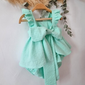 Dress green Mint baby girl, flower girl dress mint green, set dress ruffled, dotted summer dress, pastel green dress.