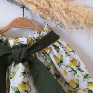 Kids yellow skirt, elastic waist skirt, cotton skirt with lemon print, moss green bow skirt, perfect skirt for summer, short skirt for girls image 2