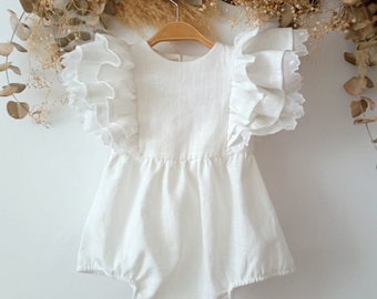 Christening dress for baby, Baptism outfit baby girl, Cake smash outfit girl, Romper baby white linen, Cake smash outfit girl bubble romper.