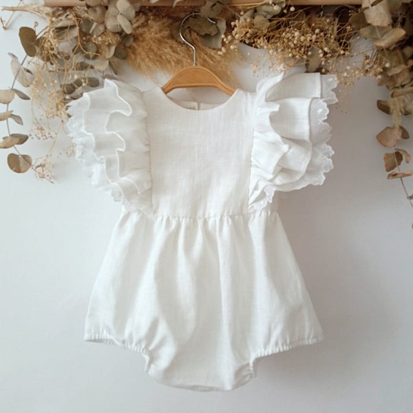 Christening dress for baby, Baptism outfit baby girl, Cake smash outfit girl, Romper baby white linen, Cake smash outfit girl bubble romper.