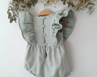 Flower girl dress green mint, Toddler dress mint, Baby girl ruffle romper, Mint linen romper, Cake smash outfit.