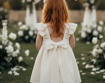 Beige linen flower girls dress, cream christening dress for girl and boy, baby girls ceremony dress, rustic ivory baby boy dress.